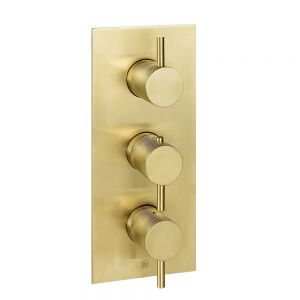 JTP VOS Brushed Brass Vertical Two Outlet Three Handle Thermostatic Shower Valve with Designer Handle