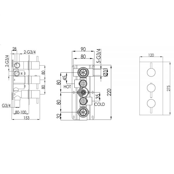 JTP VOS Brushed Brass Vertical Three Outlet Thermostatic Shower Valve with Designer Handle #2