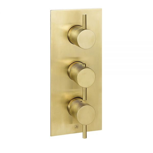 JTP VOS Brushed Brass Vertical Three Outlet Thermostatic Shower Valve with Designer Handle