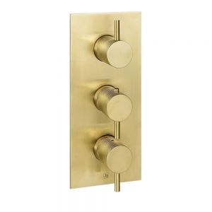 JTP VOS Brushed Brass Vertical Three Outlet Thermostatic Shower Valve with Designer Handle
