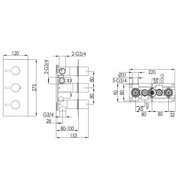 JTP VOS Brushed Brass Horizontal Three Outlet Thermostatic Shower Valve with Designer Handle #2