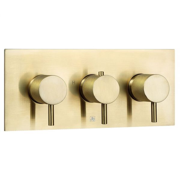 JTP VOS Brushed Brass Horizontal Three Outlet Thermostatic Shower Valve with Designer Handle