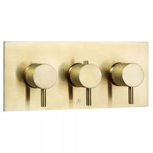 JTP VOS Brushed Brass Horizontal Three Outlet Thermostatic Shower Valve with Designer Handle