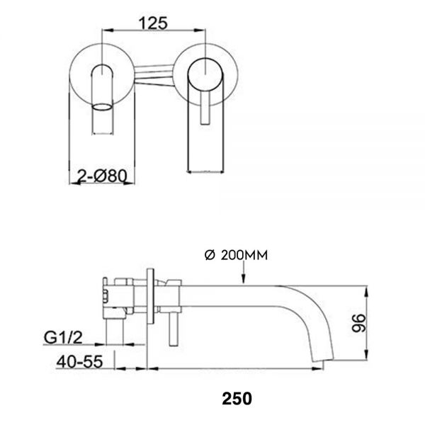 JTP VOS Brushed Black Wall Mounted Slim Spout Basin Mixer Tap 250mm with Designer Handle #2