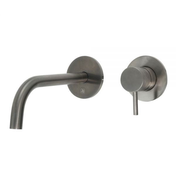JTP VOS Brushed Black Wall Mounted Slim Spout Basin Mixer Tap 150mm with Designer Handle