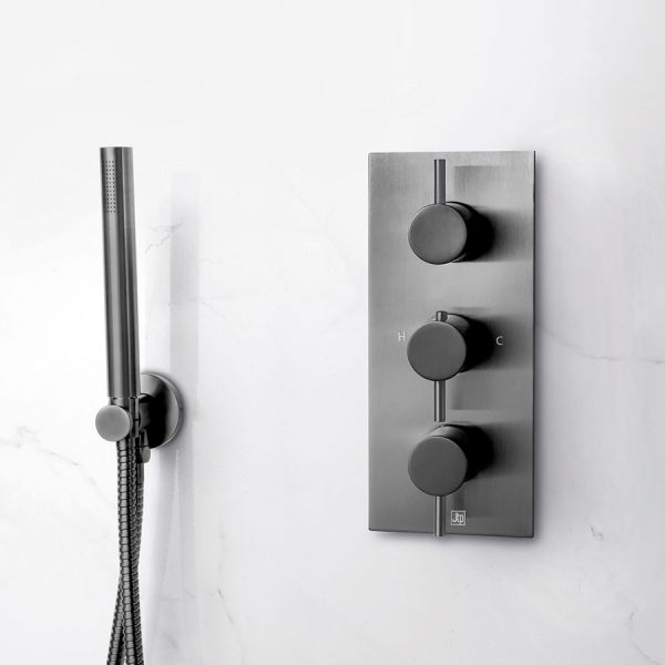 JTP VOS Brushed Black Vertical Two Outlet Three Handle Thermostatic Shower Valve with Designer Handles #2