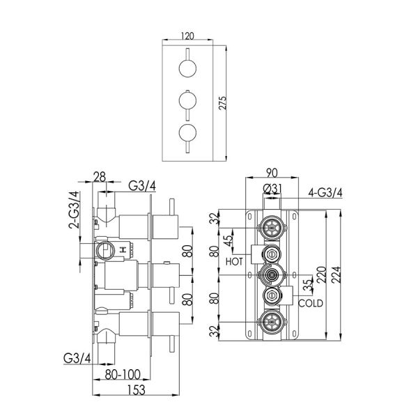 JTP VOS Brushed Black Vertical Two Outlet Three Handle Thermostatic Shower Valve with Designer Handles #3