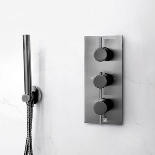 JTP VOS Brushed Black Vertical Three Outlet Thermostatic Shower Valve with Designer Handle #2