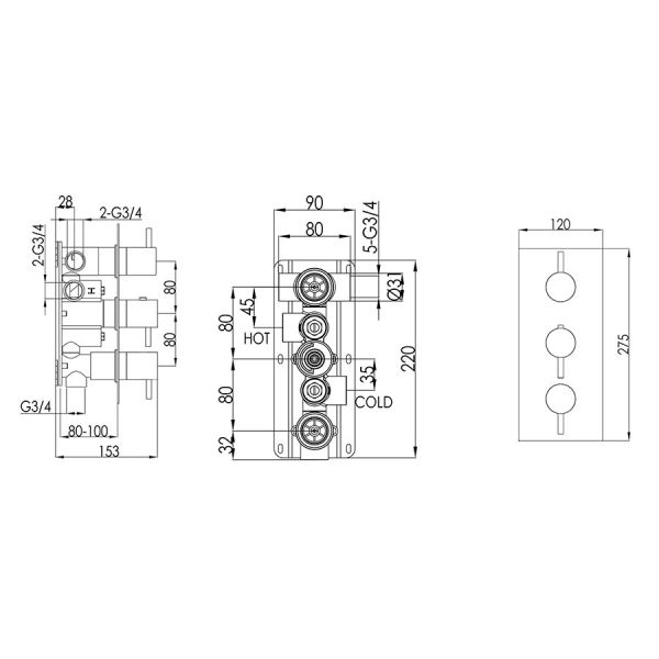 JTP VOS Brushed Black Vertical Three Outlet Thermostatic Shower Valve with Designer Handle #3