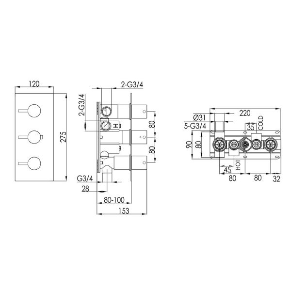 JTP VOS Brushed Black Horizontal Three Outlet Thermostatic Shower Valve with Designer Handles #3