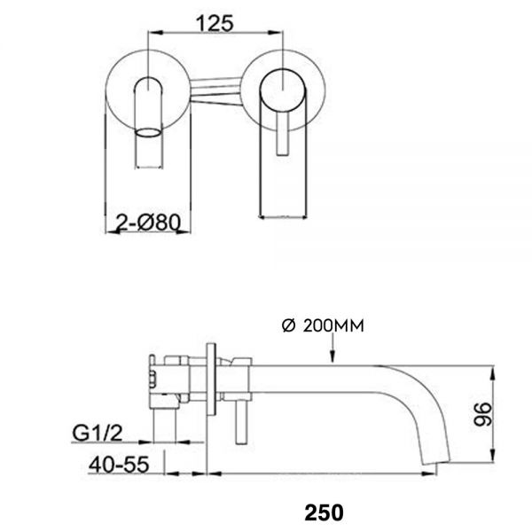 JTP VOS Matt Black Wall Mounted Slim Spout Basin Mixer Tap 250mm with Designer Handle #2