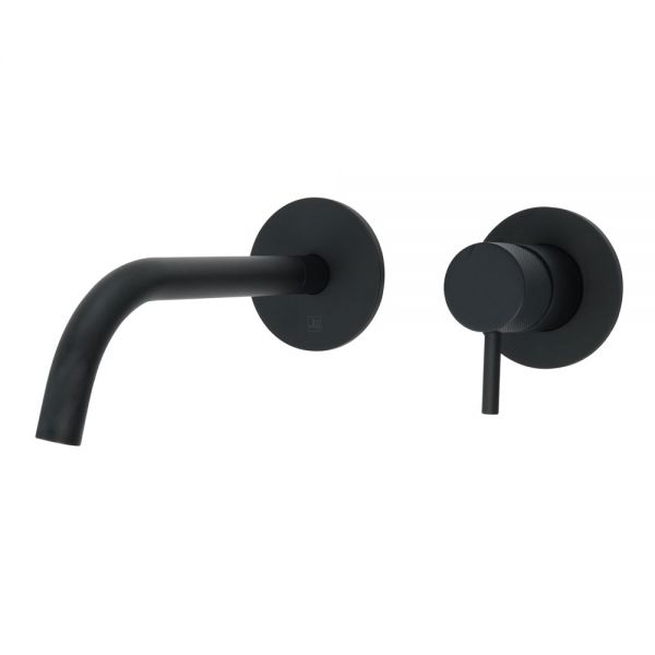 JTP VOS Matt Black Wall Mounted Slim Spout Basin Mixer Tap 250mm with Designer Handle