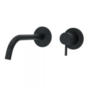 JTP VOS Matt Black Wall Mounted Slim Spout Basin Mixer Tap 250mm with Designer Handle