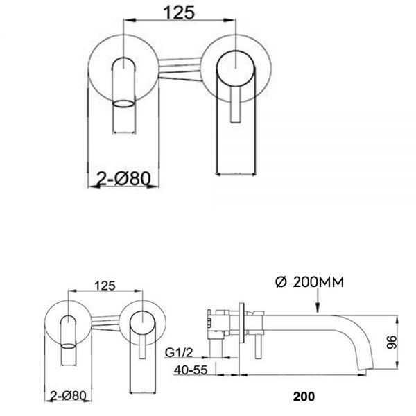 JTP VOS Matt Black Wall Mounted Slim Spout Basin Mixer Tap 200mm with