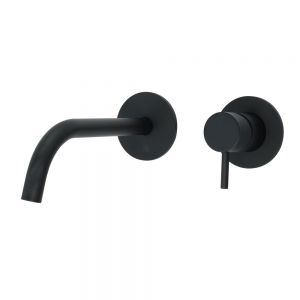 JTP VOS Matt Black Wall Mounted Slim Spout Basin Mixer Tap 200mm with Designer Handle