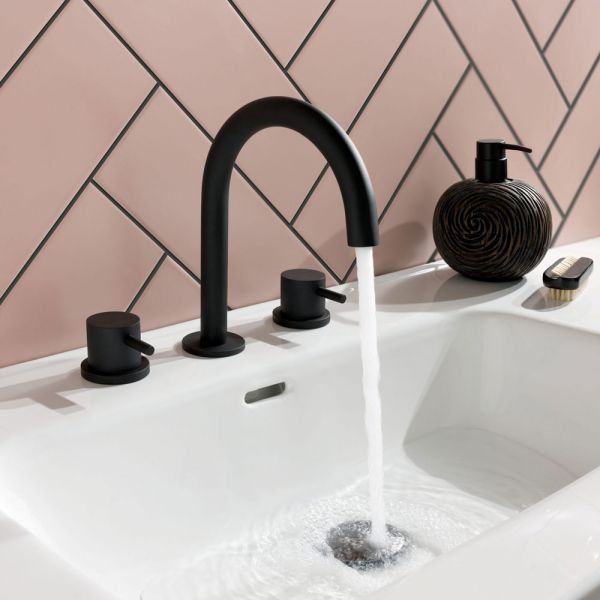 JTP VOS Matt Black 3 Hole Basin Mixer Tap with Designer Handle