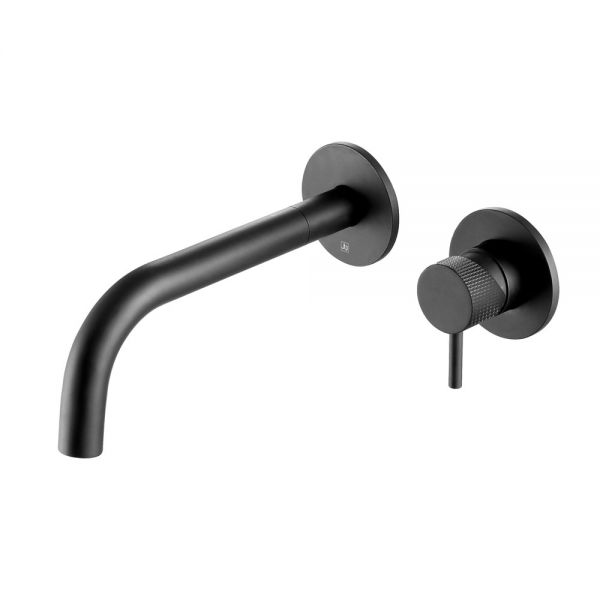 Just Taps Plus VOS Matt Black Wall Mounted Basin Mixer Slim Spout 200mm