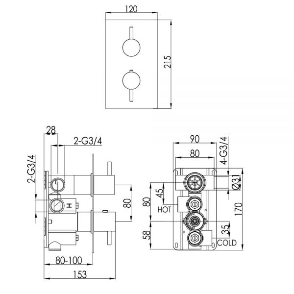JTP VOS Matt Black Two Outlet Thermostatic Shower Valve with Designer Handle #2