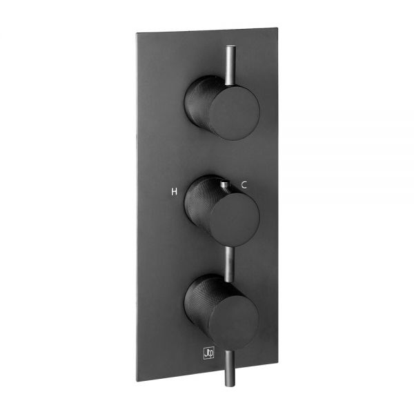 JTP VOS Matt Black Vertical Two Outlet Three Handle Thermostatic Shower Valve with Designer Handle