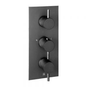 JTP VOS Matt Black Vertical Two Outlet Three Handle Thermostatic Shower Valve with Designer Handle