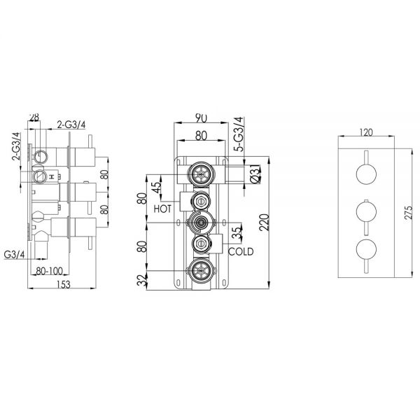 JTP VOS Matt Black Vertical Three Outlet Thermostatic Shower Valve with Designer Handle #2