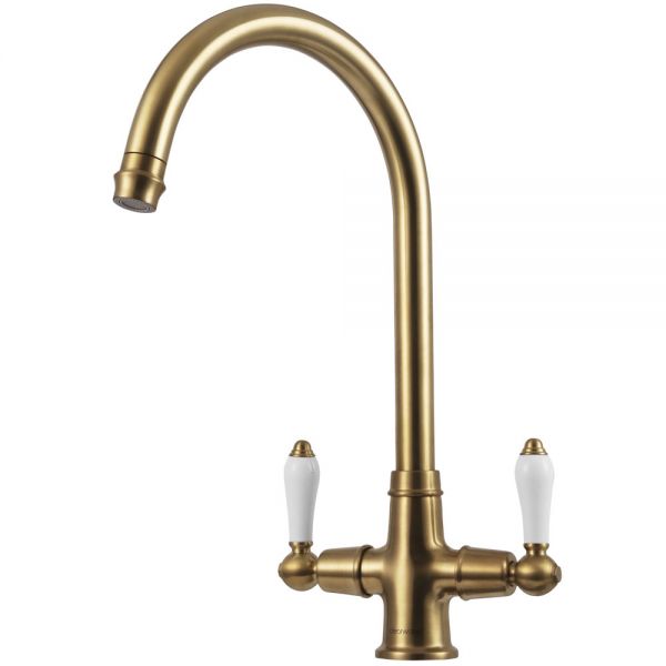 Clearwater Elegance C Twin Lever Brushed Brass Twist & Spray Monobloc Kitchen Sink Mixer Tap
