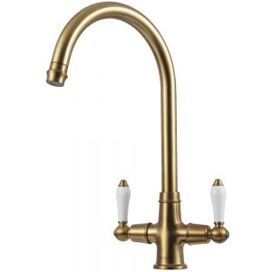 Clearwater Elegance C Twin Lever Brushed Brass Twist & Spray Monobloc Kitchen Sink Mixer Tap