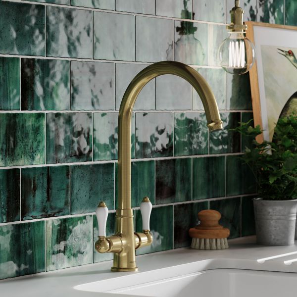 Clearwater Elegance C Twin Lever Brushed Brass Twist & Spray Monobloc Kitchen Sink Mixer Tap #2