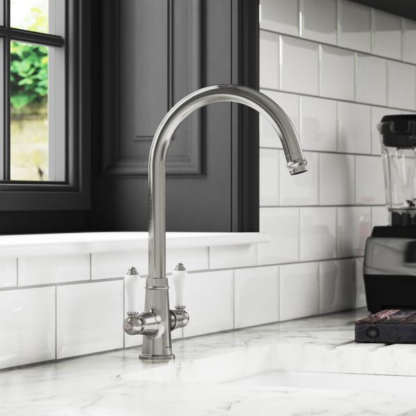Clearwater Elegance C Twin Lever Brushed Nickel Twist & Spray Monobloc Kitchen Sink Mixer Tap #2