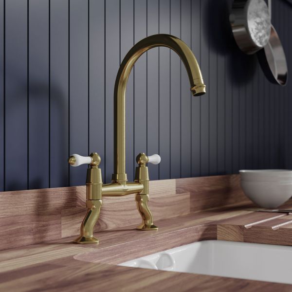 Clearwater Elegance Bridge Twin Lever Brushed Brass Twist & Spray Kitchen Sink Mixer Tap #2
