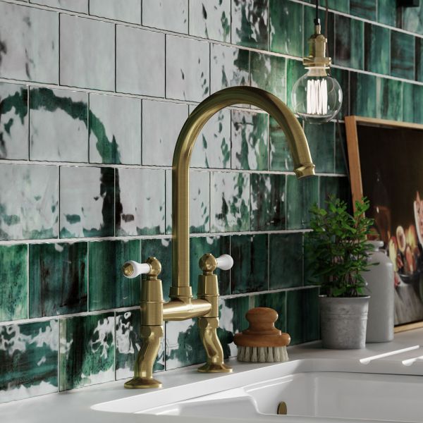 Clearwater Elegance Bridge Twin Lever Brushed Brass Twist & Spray Kitchen Sink Mixer Tap #3