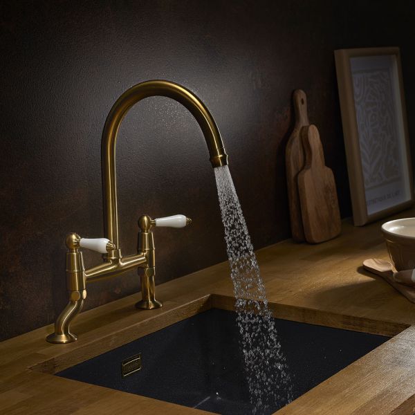 Clearwater Elegance Bridge Twin Lever Brushed Brass Twist & Spray Kitchen Sink Mixer Tap #4