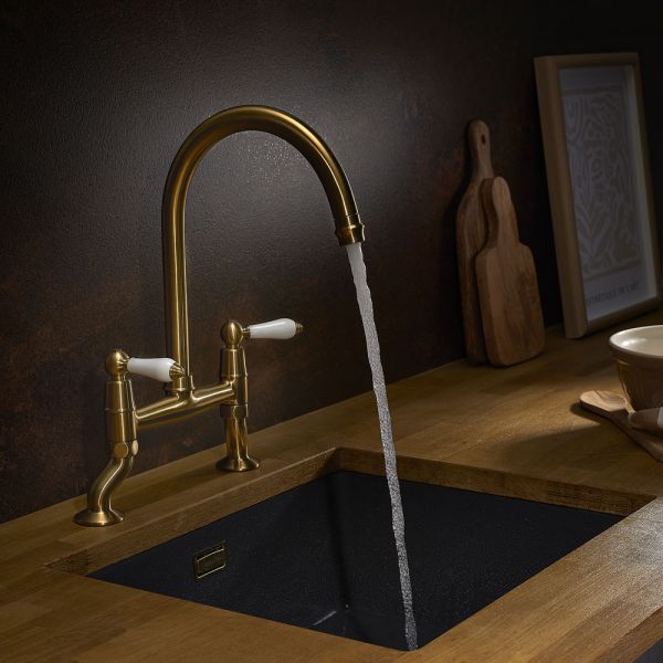 Clearwater Elegance Bridge Twin Lever Brushed Brass Twist & Spray Kitchen Sink Mixer Tap #5