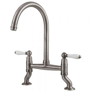 Clearwater Elegance Bridge Twin Lever Brushed Nickel Twist & Spray Kitchen Sink Mixer Tap