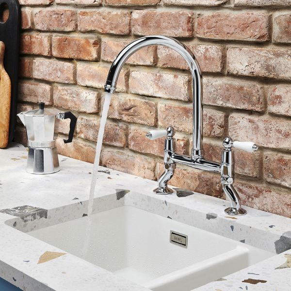 Clearwater Elegance Bridge Twin Lever Chrome Twist & Spray Kitchen Sink Mixer Tap #3