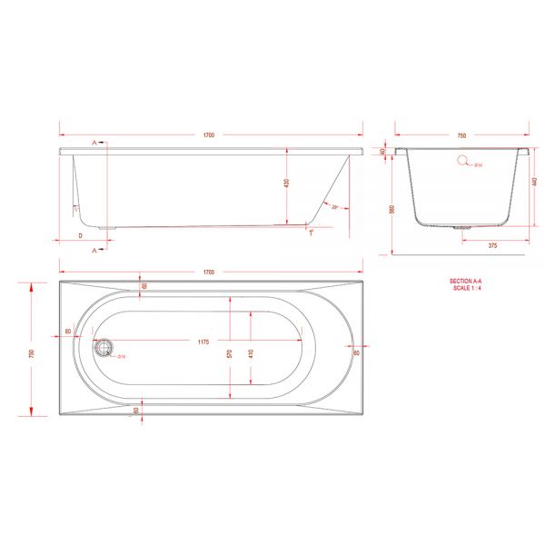 Eastbrook Beauforte Reinforced Biscay 1700 x 750 Single Ended Bath #3