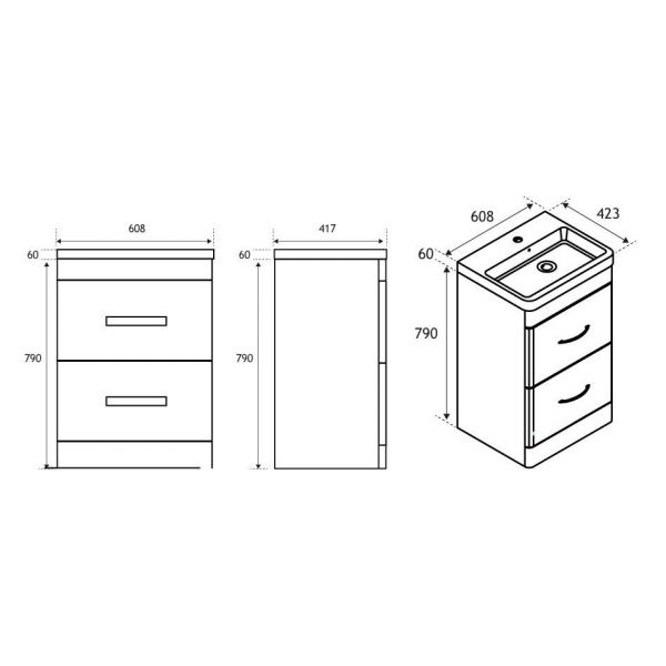 Eastbrook Cavone 600 Grey Floor Standing 2 Drawer Vanity Unit #2