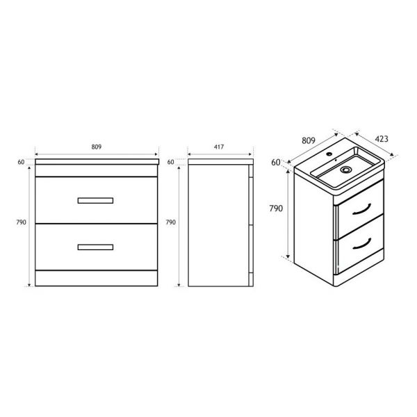 Eastbrook Cavone 800 Grey Floor Standing 2 Drawer Vanity Unit #2