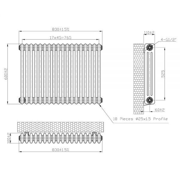 Eastbrook Imperia 600 x 830 Matt Anthracite 3 Column Radiator #3