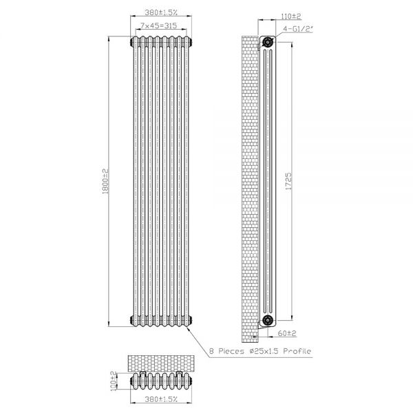 Eastbrook Imperia 1800 x 380 Matt Anthracite 3 Column Radiator #3