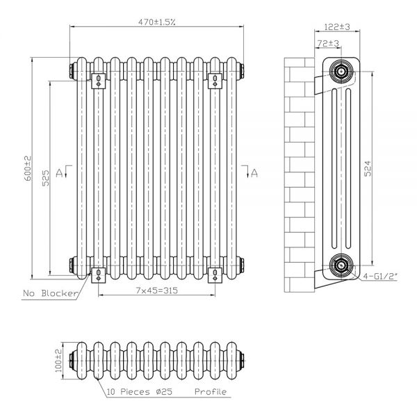 Eastbrook Imperia 600 x 470 Matt Anthracite 3 Column Radiator #3