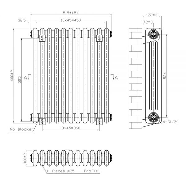 Eastbrook Imperia 600 x 515 Matt Anthracite 3 Column Radiator #3