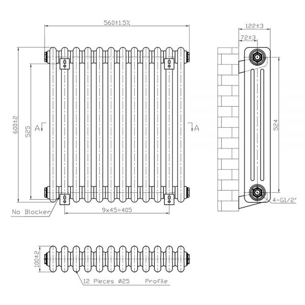 Eastbrook Imperia 600 x 560 Matt Anthracite 3 Column Radiator #3