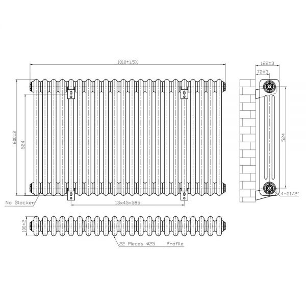 Eastbrook Imperia 600 x 1010 Matt Anthracite 3 Column Radiator #3