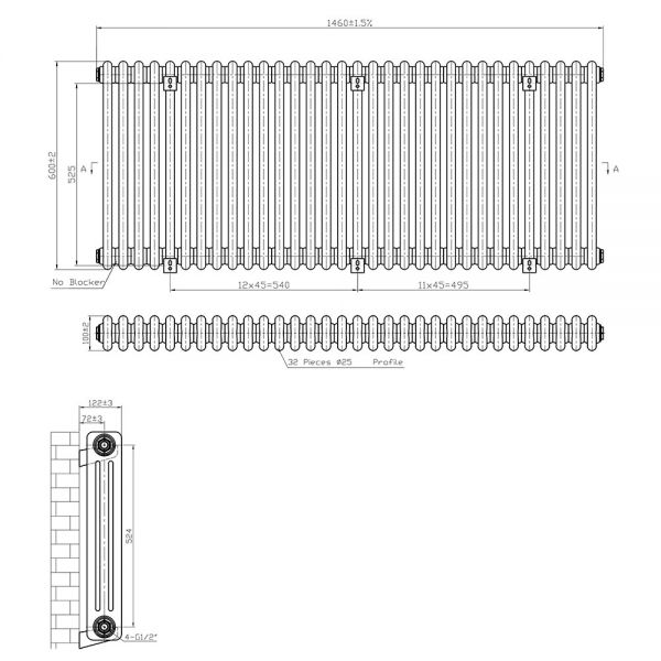 Eastbrook Imperia 600 x 1460 Matt Anthracite 3 Column Radiator #3
