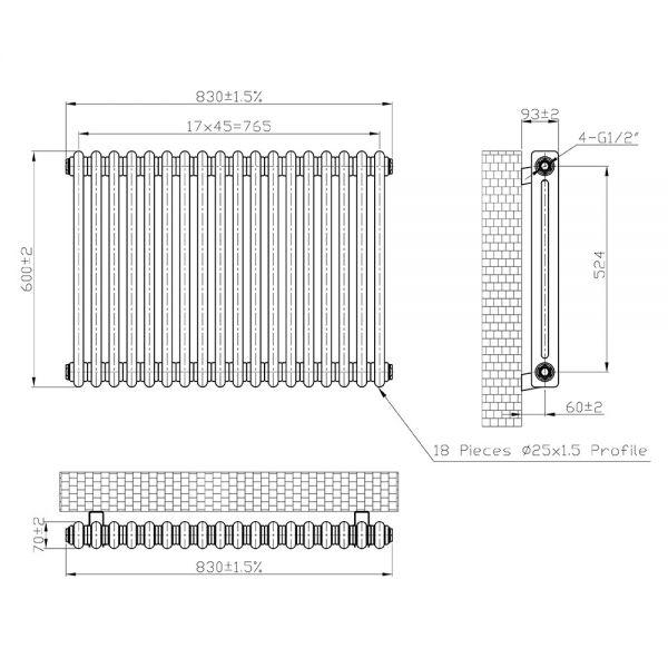 Eastbrook Imperia 600 x 830 Gloss White 2 Column Radiator #3