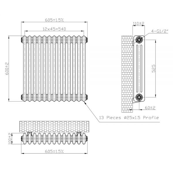 Eastbrook Imperia 600 x 605 Gloss White 3 Column Radiator #3