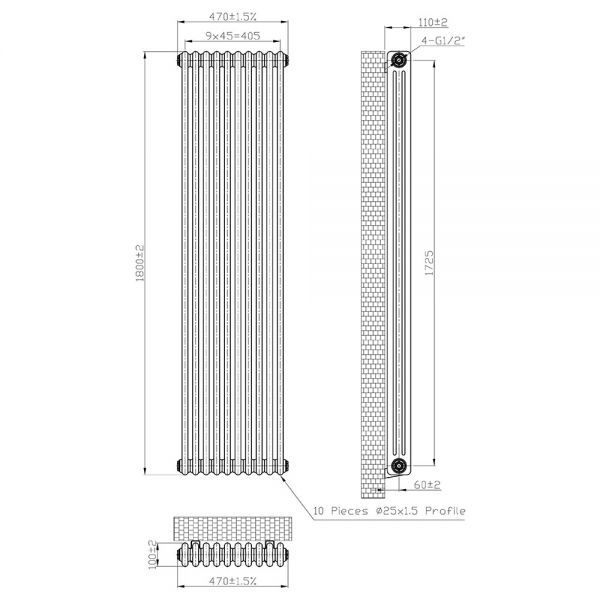 Eastbrook Imperia 1800 x 470 Gloss White 3 Column Radiator #3