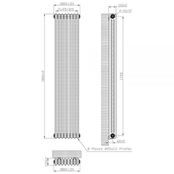 Eastbrook Imperia 1800 x 380 Gloss White 3 Column Radiator #3