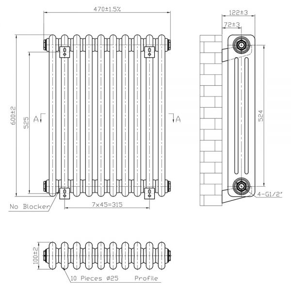 Eastbrook Imperia 600 x 470 Gloss White 3 Column Radiator #3